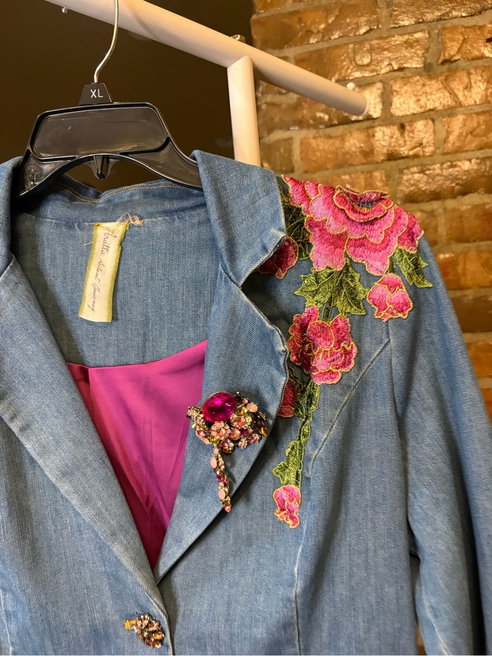 Aratta Silent Journey Montecarlo Blue Denim Blazer with Pink Floral Patch - Picture 8 of 10